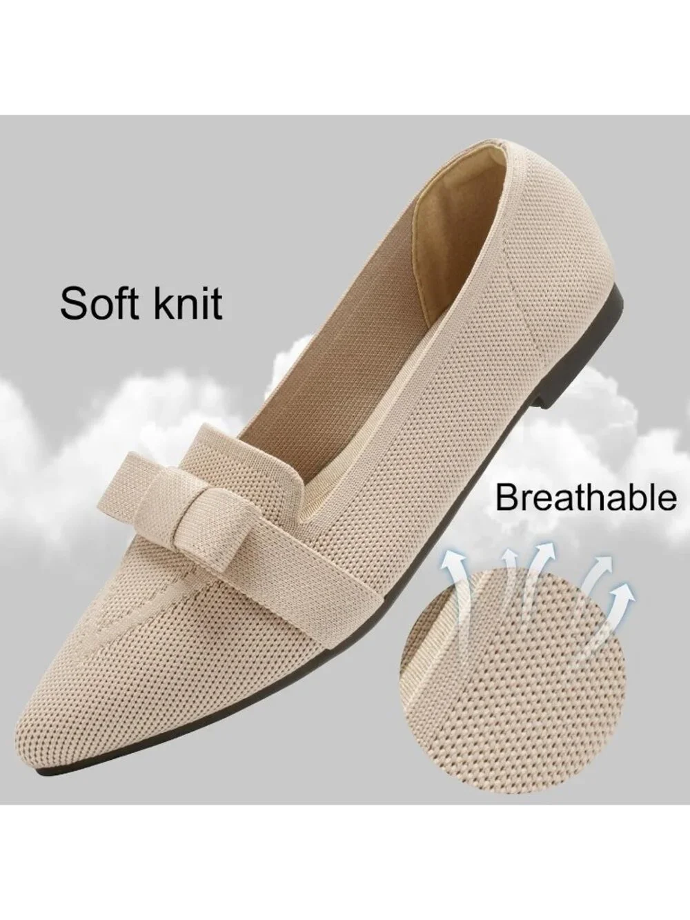 Women's Nude Rubber Soft Knit Breathable Pointed Toe Ballet Flats Casual Shoes